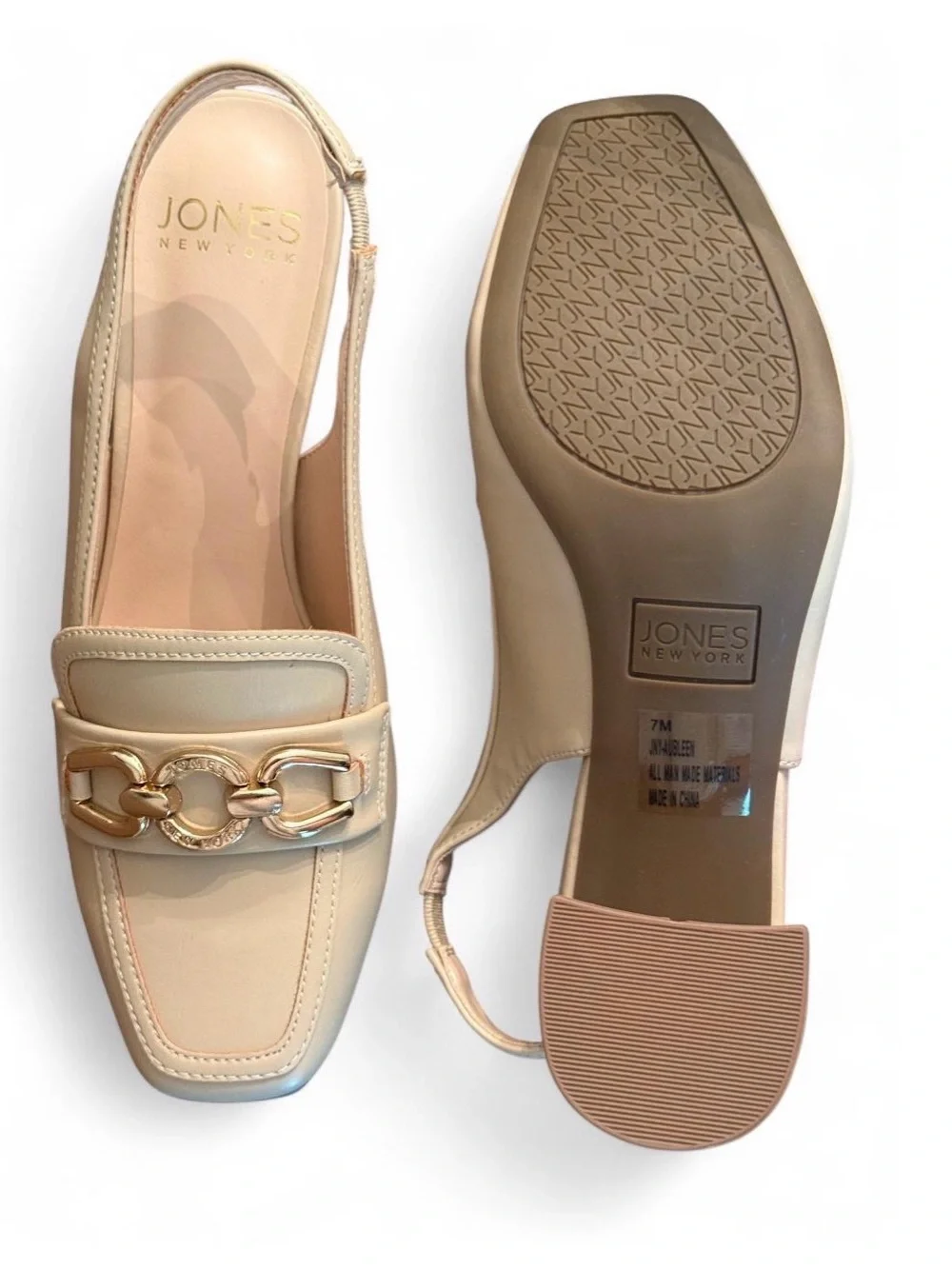 Jones New York Cream Slingback Mules with Gold Chain